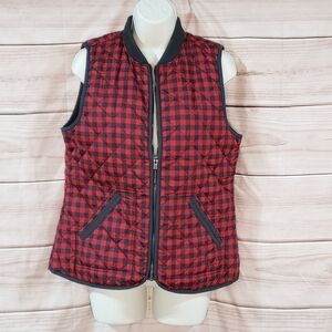 Old Navy vest red black check print quilted full zip pockets ribbed collar S